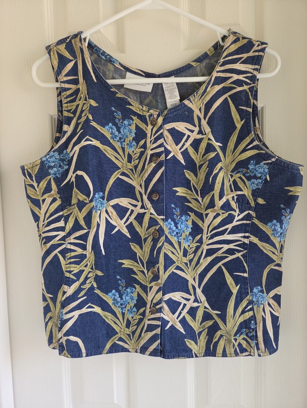 Vintage 90s Lizwear Liz Claiborne Floral Denim‎ Vest Top Sleeveless L Blue